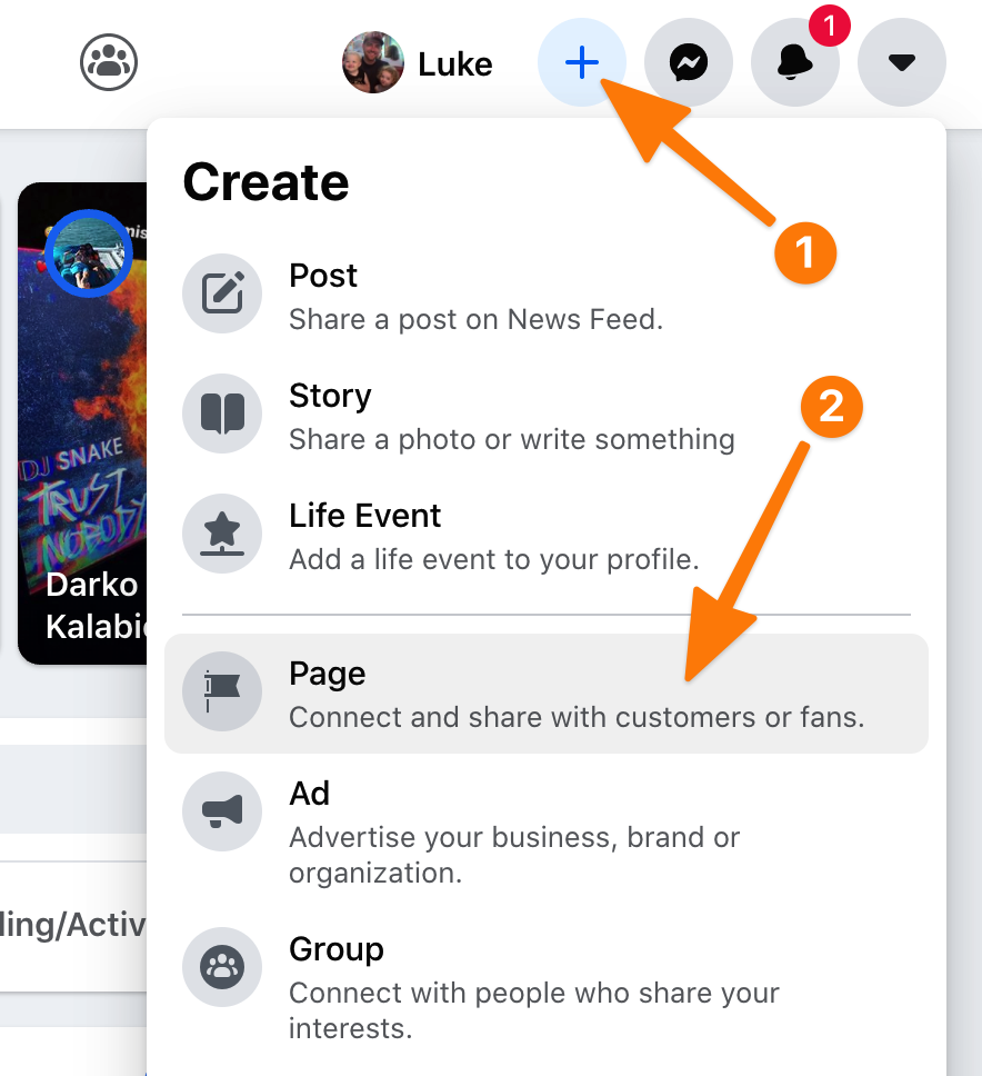 Button to create new Facebook Page