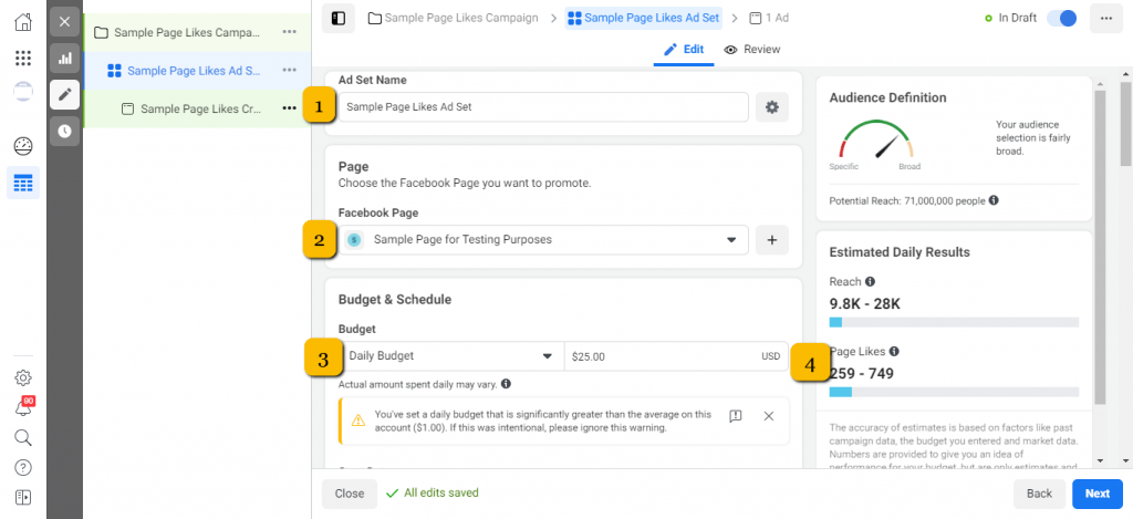  anúncio de configuração do Adset para Curtidas