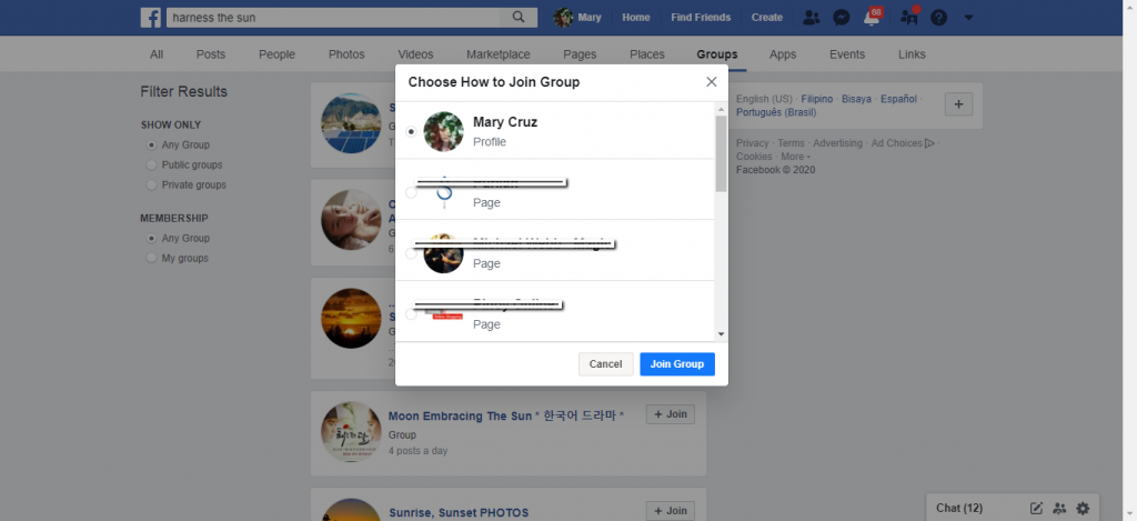 How to join a Facebook group as a page