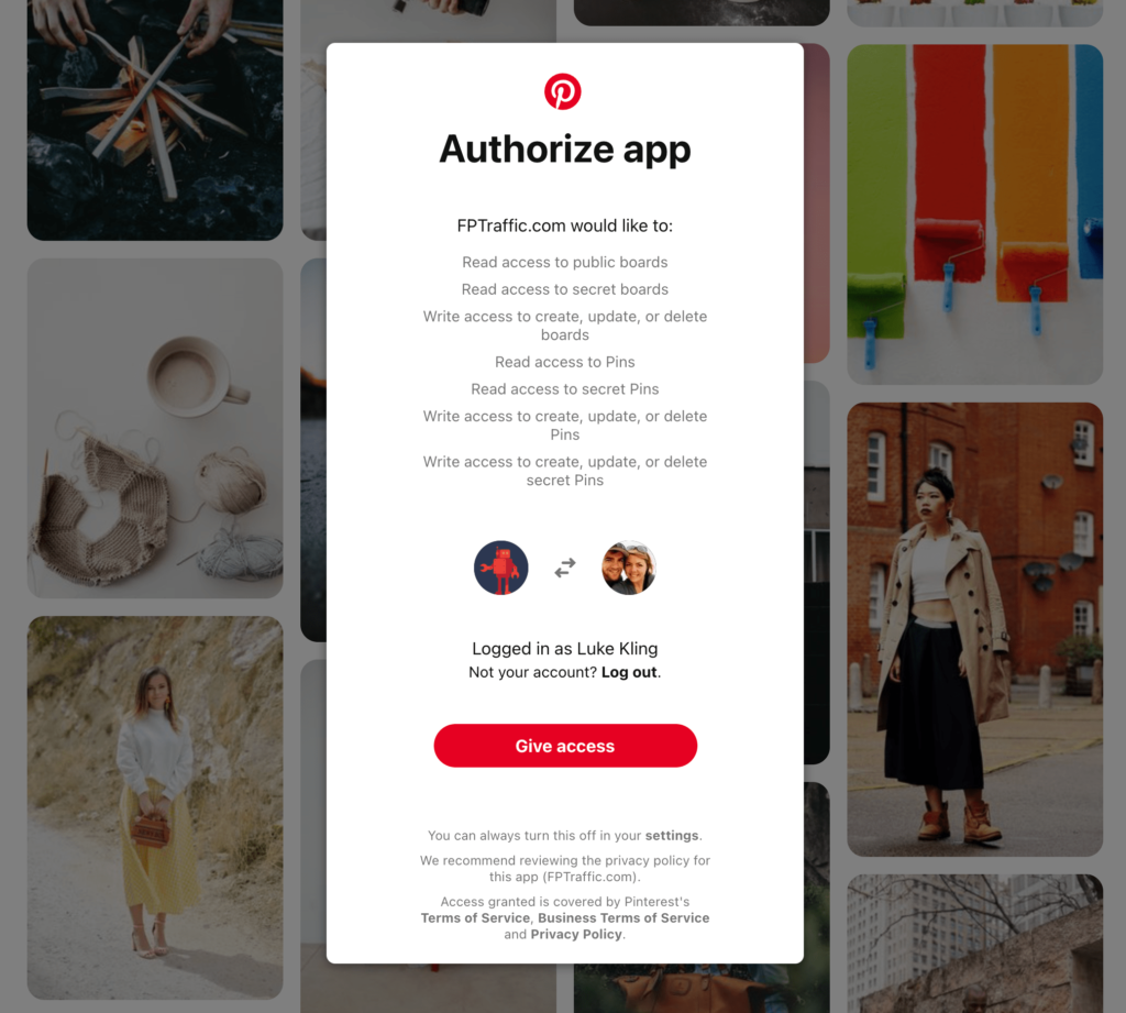 Authorize Pinterest with FPTraffic